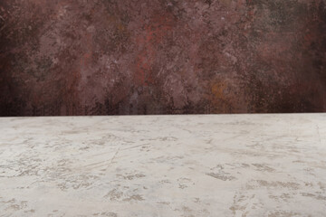 Image of textural table in front of abstract blurred background. Empty textural table platform over background for present product. Copy space.
