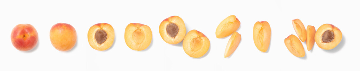Naklejka na ściany i meble set of fresh whole and sliced apricot isolated on white background, close view, collection