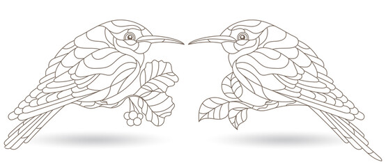 Set of contour illustrations in stained glass style with birds, animals on branches isolated on a white background