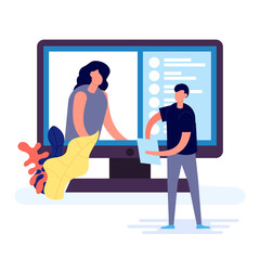 Young couple using modern technology for collective virtual meeting and group video conference. This worker discussing with friends on computer screen. Vector illustration in flat style isolated