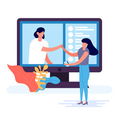 Two young woman using modern technology for collective virtual meeting and group video conference. This worker discussing with friends on computer screen. Vector illustration in flat style isolated