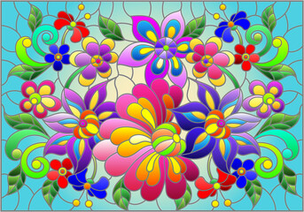 Fototapeta na wymiar Illustration in stained glass style with bright abstract flowers and leaves on blue background