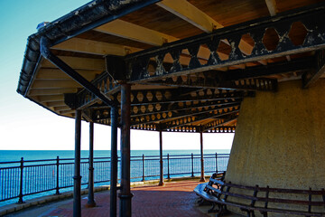 Looking out from the structure of an observation shelter at Ventnor Beach, Isle of Wight, UK. 