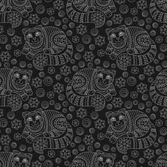 Seamless pattern with contour cats and flowers in stained glass style, light outlines on a dark background