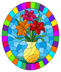 Illustration in stained glass style with bouquets of bright lily flowers in a yellow  jug on a  table on blue background, oval image in bright frame