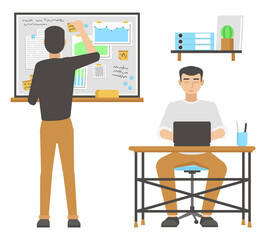 Workflow in the office. Men at work. Planning and organization. Flat design. Vector illustration.