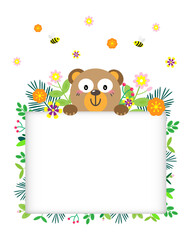 White board and cute bear around with flowers and leaves cartoon style, vector illustration. Spring season concept.