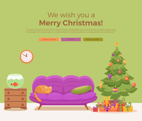 Christmas room interior in colorful cartoon flat style