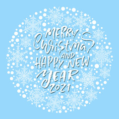 Hand drawn phrase Merry Christmas on blue background. Modern dry brush lettering design with snowflakes. Vector typography illustration.