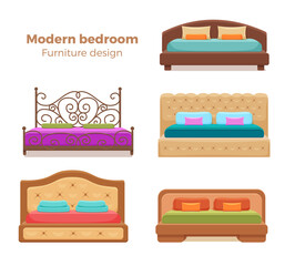 Set of colorful beds with pillows and blankets