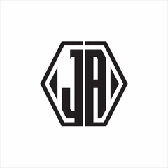 JA Logo monogram with hexagon line rounded design template on white background