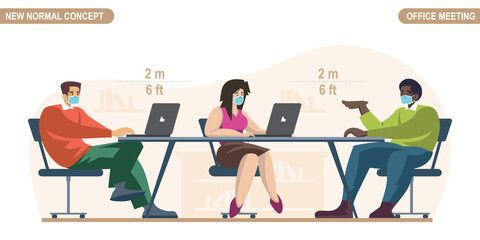 New normal concept. Social distancing at Office room. People Office worker man and women wearing medical face mask. Keep distance prevent pandemic of corona virus or COVID-19. Vector illustration