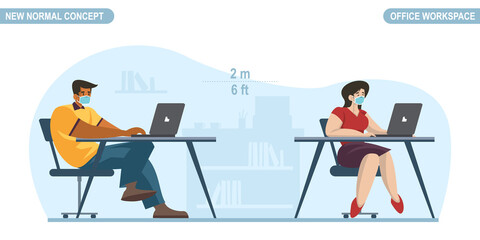 New normal concept. Social distancing at Office room. People Office worker man and women wearing medical face mask. Keep distance prevent pandemic of corona virus or COVID-19. Vector illustration