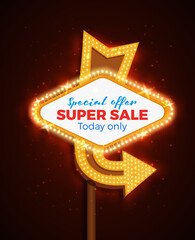 Neon sign with arrow and glowing light background
