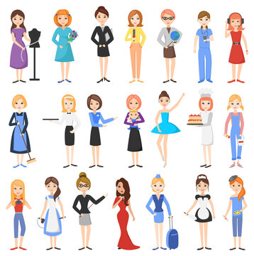 Women are representatives of various professions. A set of characters isolated on a white background. Cartoon style, flat design. Vector illustration.