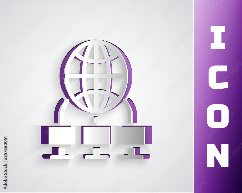 Poster paper cut computer network icon isolated on grey background. laptop network. internet connection. pa