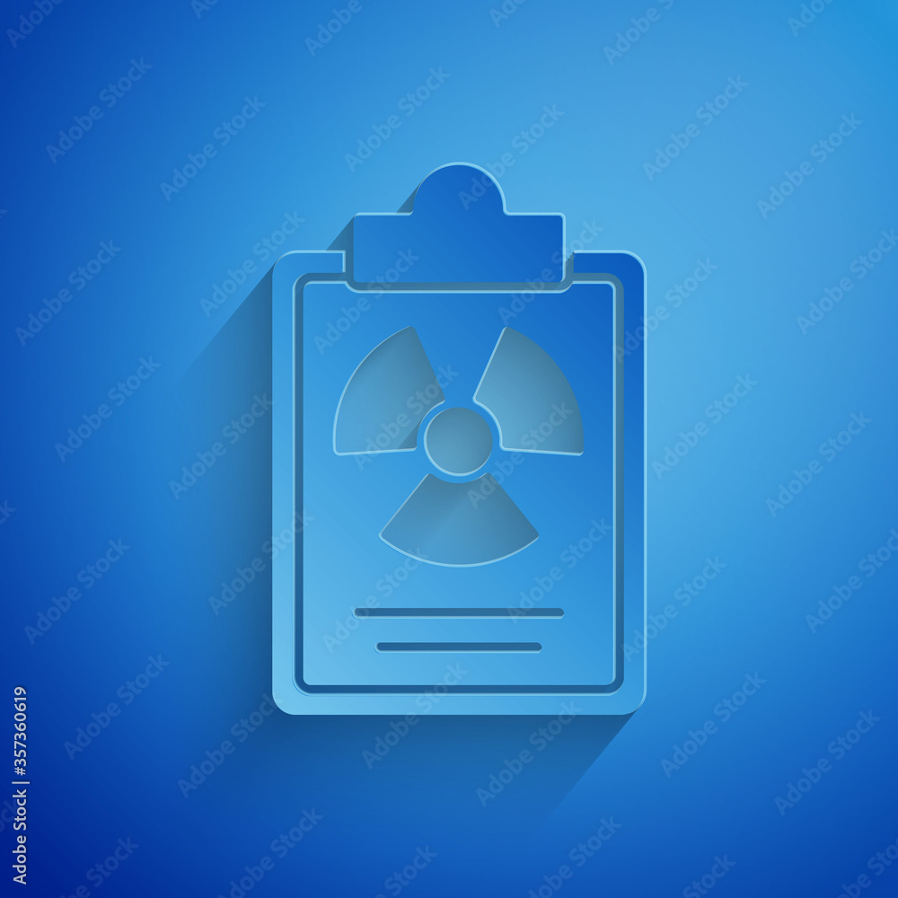 Poster Paper cut Radiation warning document icon isolated on blue background. Text file. Paper art style. Vector.