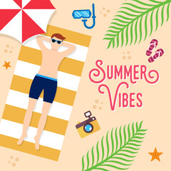 Summer Holiday on the beach Vector Illustration. Summer vacation Vector flat design illustration. Abstract Summer background design template for banner, flyer, invitation, poster, brochure.