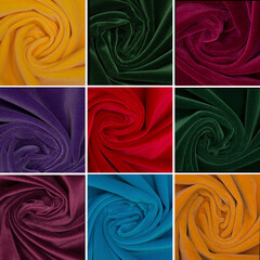 Collage of multicolored fabrics. Multi-colored textile set. Fabric background, collage of 9 photos, yellow,red, blue, green colors