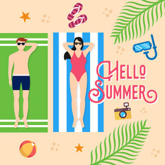 Summer Holiday on the beach Vector Illustration. Summer vacation Vector flat design illustration. Abstract Summer background design template for banner, flyer, invitation, poster, brochure.