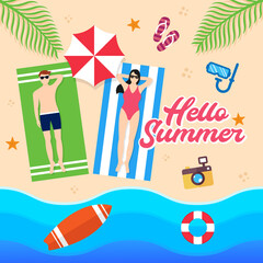 Summer Holiday on the beach Vector Illustration. Summer vacation Vector flat design illustration. Abstract Summer background design template for banner, flyer, invitation, poster, brochure.