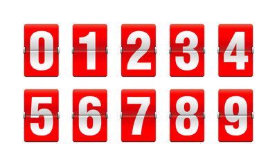 Flip countdown clock - vector digits - red counter timer, time remaining count down scoreboard in flip board with different digits from 0 to 9