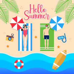 Summer Holiday on the beach Vector Illustration. Summer vacation Vector flat design illustration. Abstract Summer background design template for banner, flyer, invitation, poster, brochure.