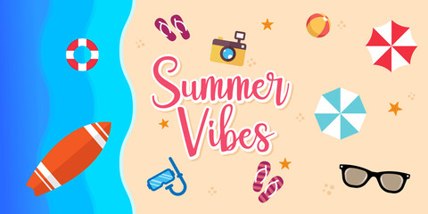 Summer Holiday on the beach Vector Illustration. Summer vacation Vector flat design illustration. Abstract Summer background design template for banner, flyer, invitation, poster, brochure.