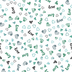 Light Green vector seamless texture with words LOVE YOU, hearts.