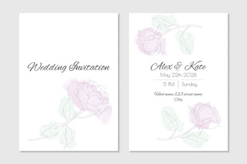 Floral wedding invitation in pink colors with watercolour peonies. Vector template for cover and information