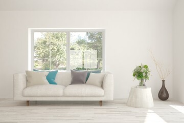 White living room with sofa and summer landscape in window. Scandinavian interior design. 3D illustration