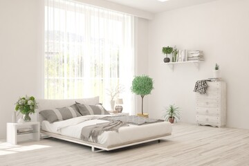 White bedroom interior. Scandinavian design. 3D illustration