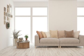 White living room with sofa. Scandinavian interior design. 3D illustration