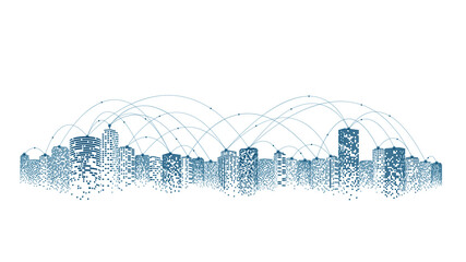 Network and communication in a digital city. The future of smart cities connected with Internet of things. 5g technology concept.