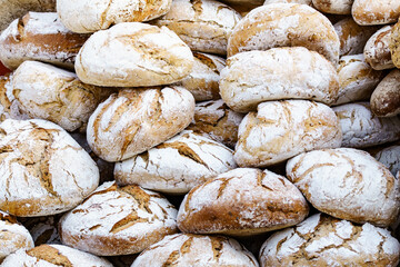 Many rustic fresh bread loaves