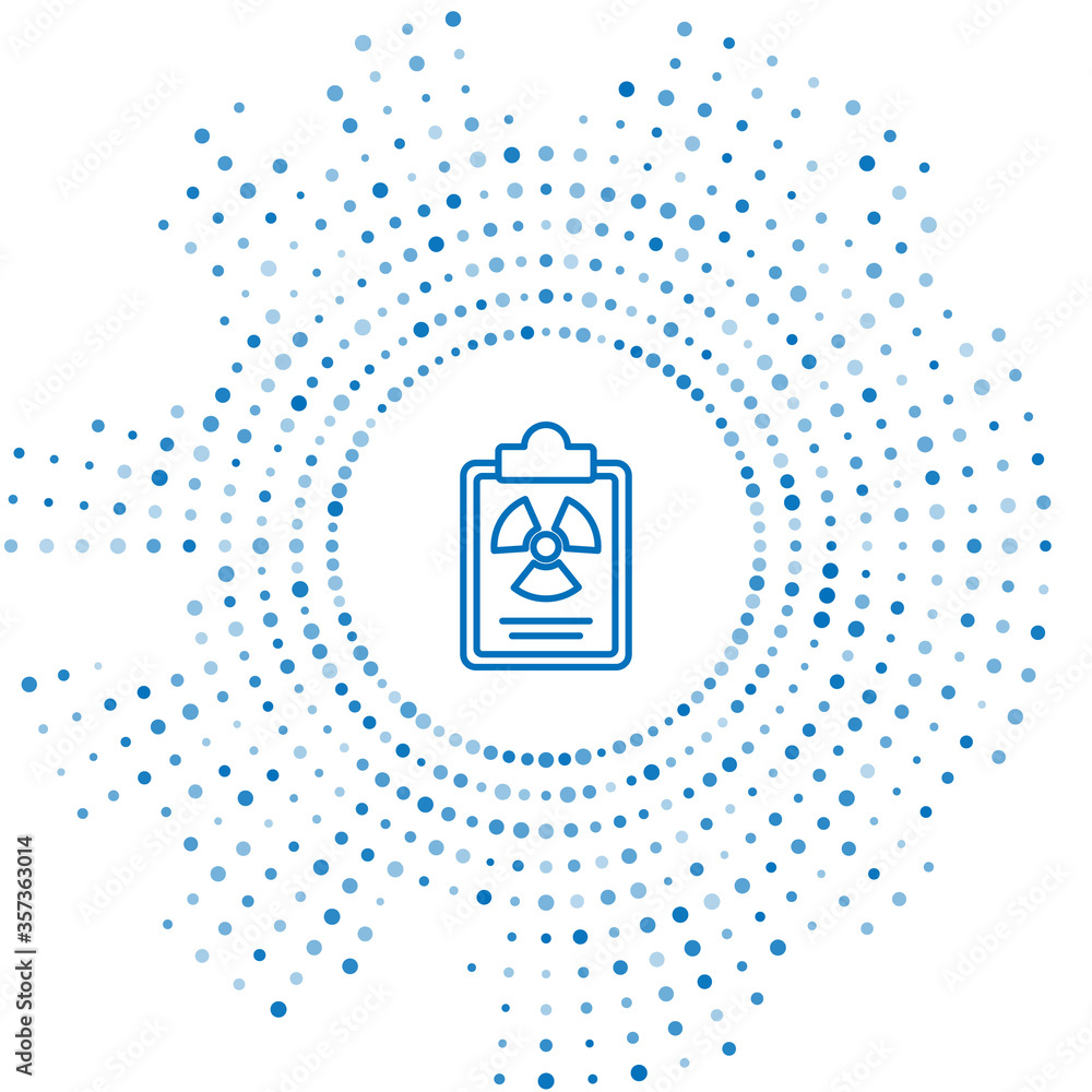 Poster Blue line Radiation warning document icon isolated on white background. Text file. Abstract circle random dots. Vector.