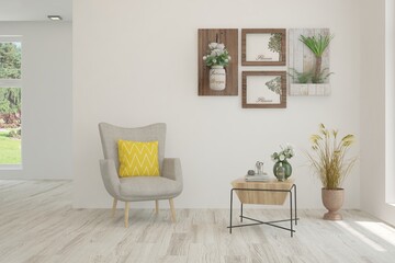 White living room with armchair. Scandinavian interior design. 3D illustration
