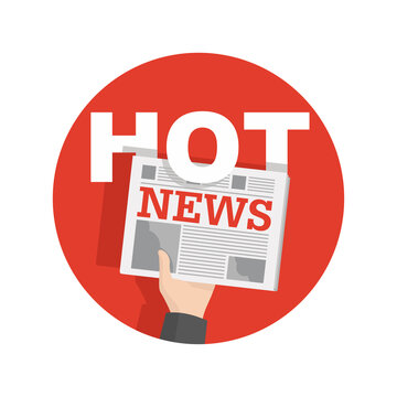 Hot news icon - hand holding newspaper on red background - vector illustration for fresh report newsmakers press media