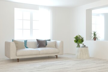 White living room with sofa. Scandinavian interior design. 3D illustration
