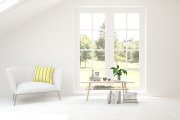 White living room with armchair and green landscape in window. Scandinavian interior design. 3D illustration