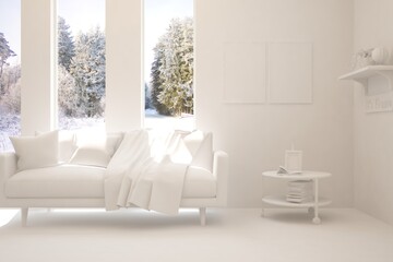 White living room with sofa and winter landscape in window. Scandinavian interior design. 3D illustration