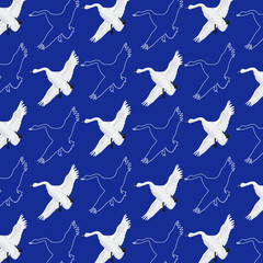 white swans flying pattern with blue background