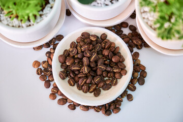 Coffee roasted medium Placed on a white table
