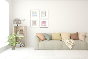 White living room with sofa. Scandinavian interior design. 3D illustration