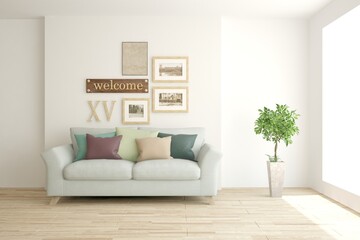 White living room with sofa. Scandinavian interior design. 3D illustration