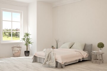 White bedroom interior. Scandinavian design. 3D illustration