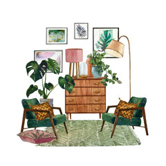 60-s interior bohemian background with mid-century modern furniture, Interior Decor Scene.Cozy living room with a houseplant, greenery armchairs.Watercolor illustration.Housewarming print.Stay at home