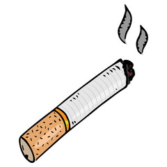 Cigarette butt with filter. Cigarette without smoke. Cigarette ashes. Vector illustration. Simple hand drawn icon.