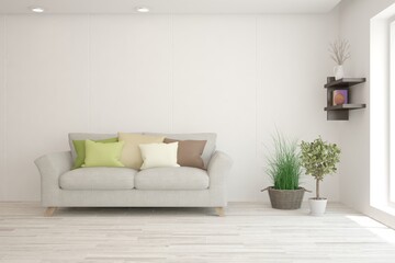 White living room with sofa. Scandinavian interior design. 3D illustration