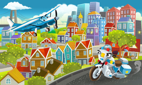 cartoon happy and funny scene in the city flying plane and car